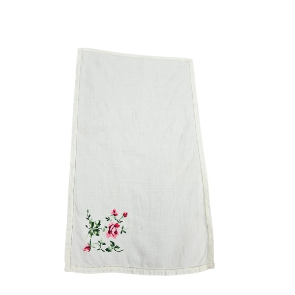 Handmade Other - Vintage Embroidered‎ Linen Tea Towel Cottagecore Floral Pink Green Roses